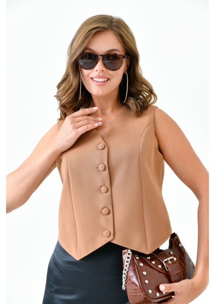 Kamel Fitted Düğmeli Dokuma Yelek modelleri