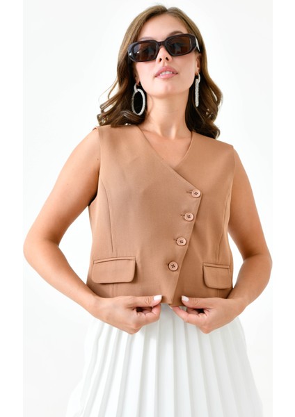 Kamel Cep Detaylı Asimetrik Kesim Yelek fırsatları