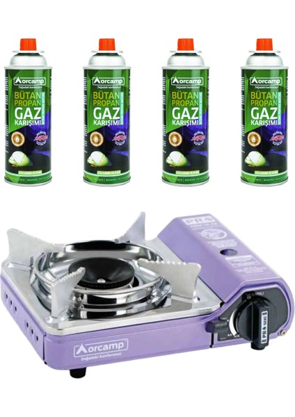 Tekli Mini Portatif Kamp Ocak ve 4 Adet 227 gr Gaz Kartuş Seti Mor