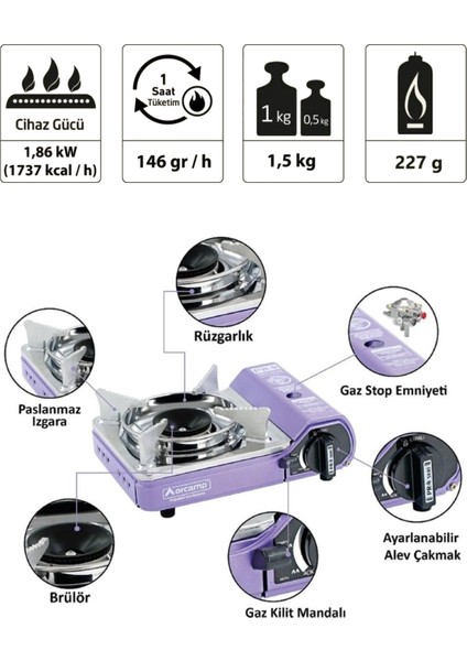 Tekli Mini Portatif Kamp Ocak ve 4 Adet 227 gr Gaz Kartuş Seti Mor fiyatları