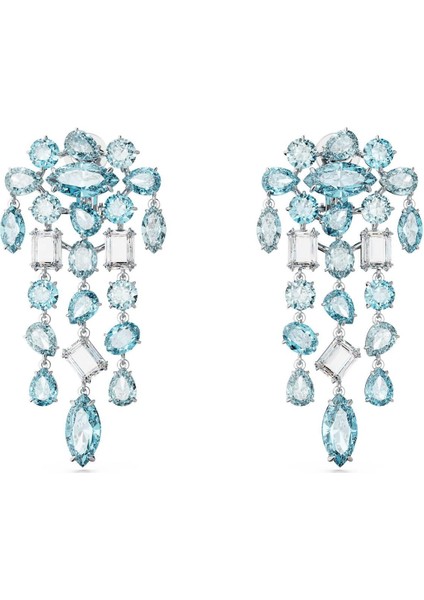 5666015 Swarovski Küpe Gema Clip Earrings, Mixed Cuts, Chandelier, Extra Long, Blue, Rhodium Plated