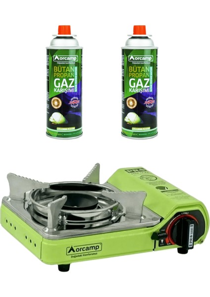 Tekli Mini Portatif Kamp Ocak ve 2 Adet 227 gr Gaz Kartuş Seti Yeşil