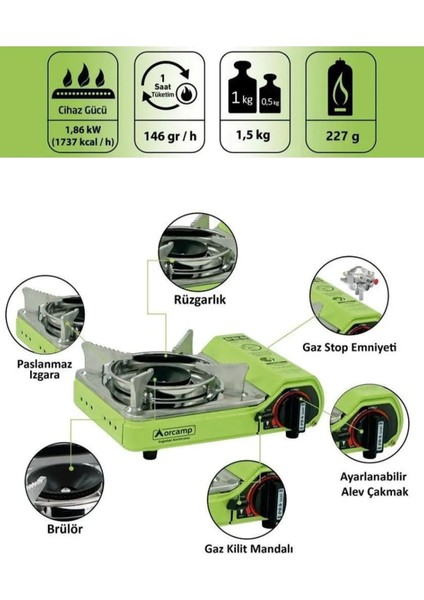 Tekli Mini Portatif Kamp Ocak ve 2 Adet 227 gr Gaz Kartuş Seti Yeşil fiyatları