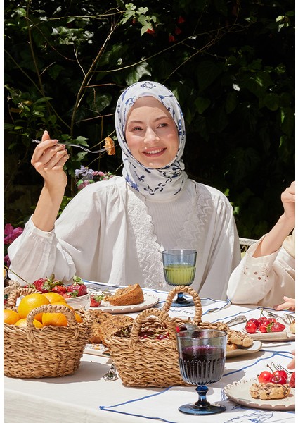 Amore Desen Pamuk Vual Eşarp Mavi