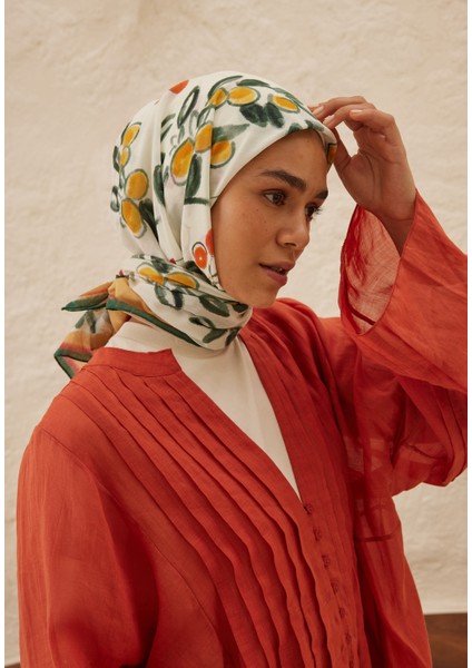 Lime Garden Desen Pamuk Vual Eşarp Turuncu