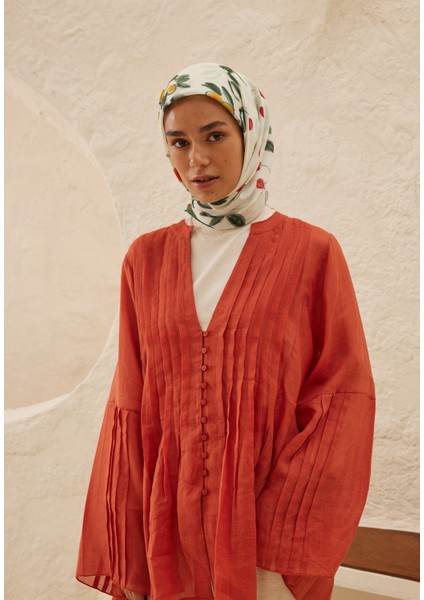 Lime Garden Desen Pamuk Vual Eşarp Turuncu