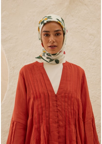 Lime Garden Desen Pamuk Vual Eşarp Turuncu