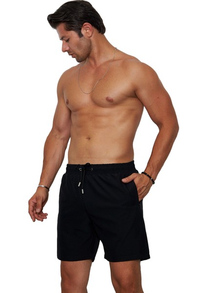 Erkek Siyah Poly Kumaş Beli Lastikli File Astarlı Cepli Hızlı Kuruyan Strechfit Deniz Şortu EDY6120S fiyatları