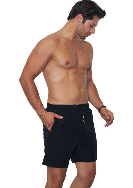 Erkek Siyah Poly Kumaş Beli Lastikli File Astarlı Cepli Hızlı Kuruyan Strechfit Deniz Şortu EDY6120S modelleri