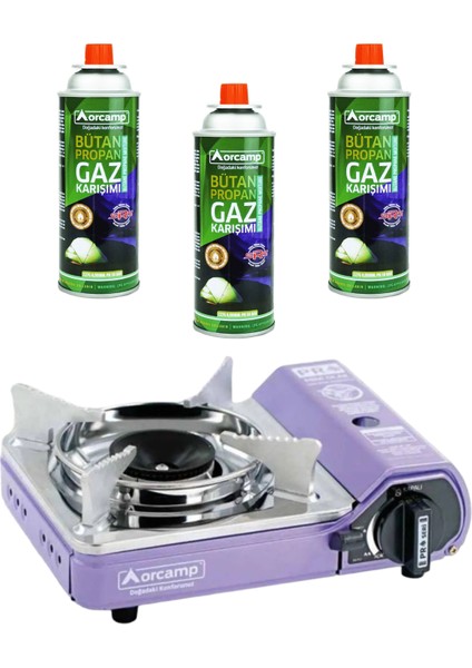 Tekli Mini Portatif Kamp Ocak ve 3 Adet 227 gr Gaz Kartuş Seti Mor
