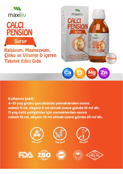 Calcipension Şurup 150ML - Kalsiyum, Magnezyum, Çinko ve Vitamin D Içeren Takviye Edici Gıda