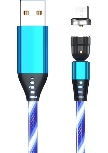 1m 2.4A Usb'den Mikro Usb'ye 540 Derece Dönen Işıklı Manyetik Şarj Kablosu-Mavi (Yurt Dışından)