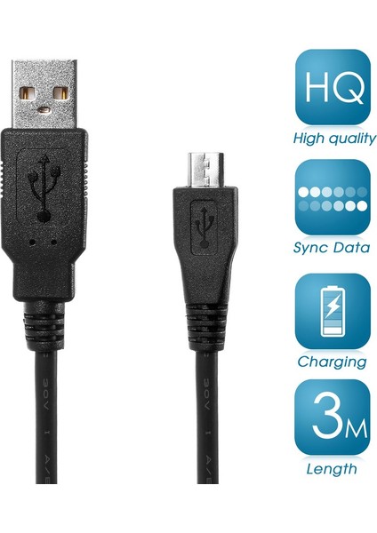 Samsung Htc Lg Sony Huawei-Siyah Için 3m Mikro USB 2.0 Veri Senkronizasyon Şarj Kablosu Kablosu (Stokta Var) (Yurt Dışından)