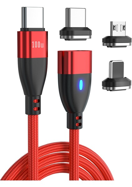 1m 24PIN Pd 100W Type-C - Ip / Type-C / Mikro USB LED Göstergeli Manyetik Şarj Veri Kablosu - Kırmızı (Yurt Dışından)