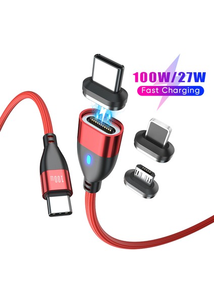 1m 24PIN Pd 100W Type-C - Ip / Type-C / Mikro USB LED Göstergeli Manyetik Şarj Veri Kablosu - Kırmızı (Yurt Dışından) indirimleri