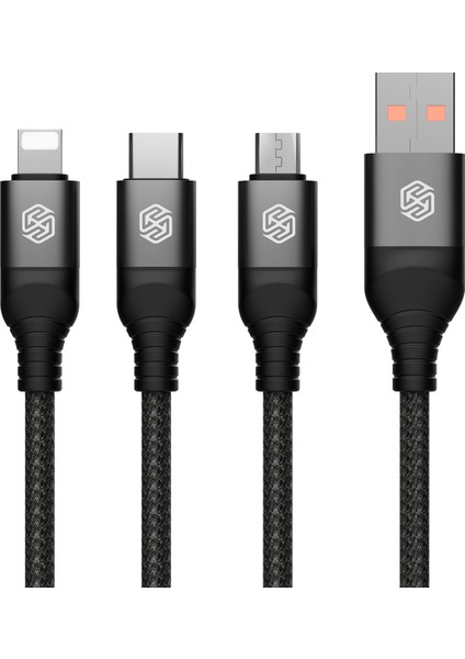3'ü 1 Arada Kablo Naylon Örgülü Usb'den Tip-C / Ip / Mikro Şarj Kablosuna - Siyah (Yurt Dışından)