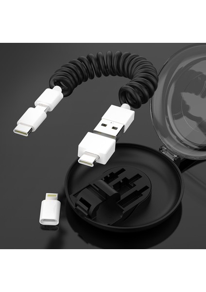 3'ü 1 Arada Lightning + Mikro USB + Type-C Teleskopik Yaylı Bobin USB Şarj Veri Kablosu - Siyah (Yurt Dışından)