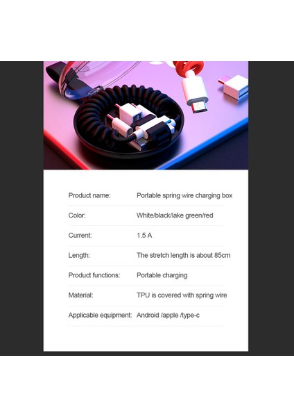 3'ü 1 Arada Lightning + Mikro USB + Type-C Teleskopik Yaylı Bobin USB Şarj Veri Kablosu - Siyah (Yurt Dışından)
