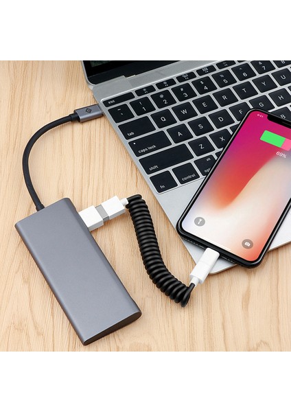 3'ü 1 Arada Lightning + Mikro USB + Type-C Teleskopik Yaylı Bobin USB Şarj Veri Kablosu - Siyah (Yurt Dışından)