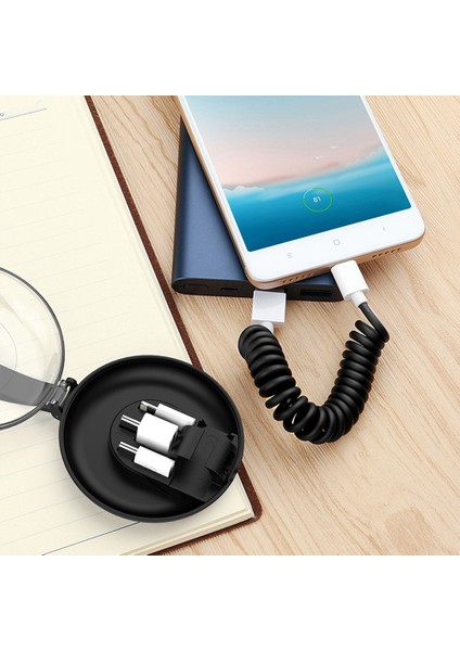 3'ü 1 Arada Lightning + Mikro USB + Type-C Teleskopik Yaylı Bobin USB Şarj Veri Kablosu - Siyah (Yurt Dışından)