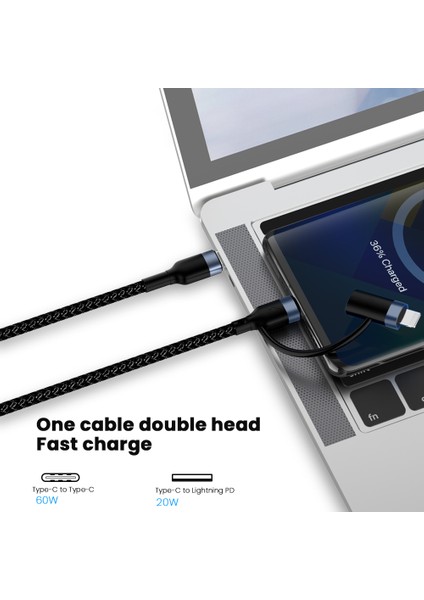 2'si 1 Arada 1m 60W Pd Usb-C'den Type-C'ye / Yıldırım Hızlı Şarj Kablosu (Yurt Dışından)