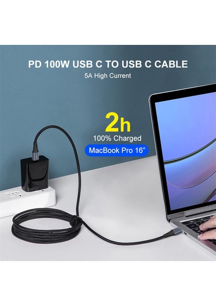 2m E-Marker USB C Şarj Kablosu Pd 100W 480MBPS Veri Iletim Kablosu 5A Hızlı Şarj Tipi C Tel (Yurt Dışından)