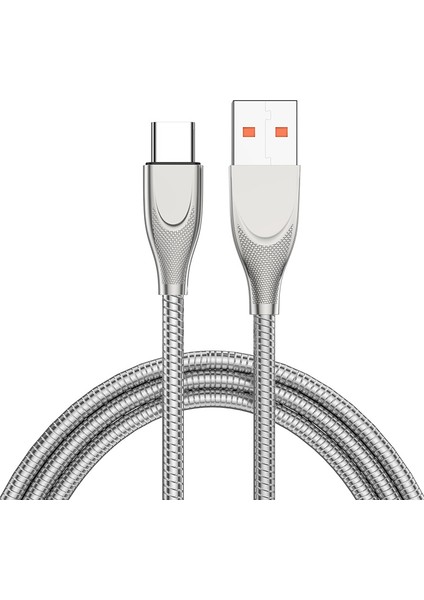 1m Usb-A'dan Type-C'ye 6A Hızlı Şarj Veri Kablosu Karbon Çelik Hortum Yaylı Kablo - Gümüş (Yurt Dışından)