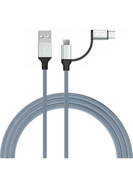 4U Sky 1m 2,4A Şarj Kablosu USB - Type-C+Mikro USB Veri Kablosu - Açık Gri (Yurt Dışından)