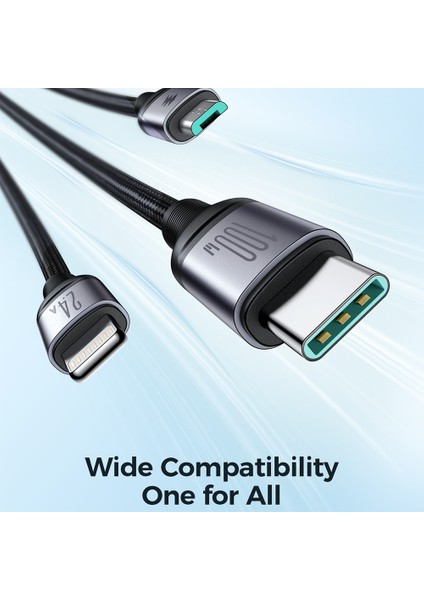 1,2 M 3'ü 1 Arada Şarj Kablosu 100 W Naylon Örgülü Usb-A - Ip+Type-C+Mikro Hızlı Şarj Kablosu (Yurt Dışından)