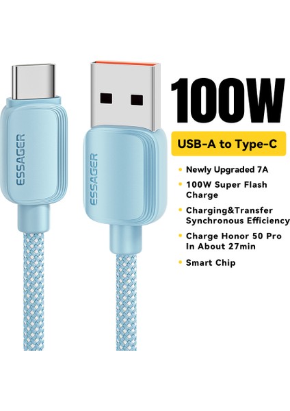 2m A-C 7A 100W Usb-A - Type-C Kablo Hızlı Şarj Veri Kablosu - Mavi (Yurt Dışından)
