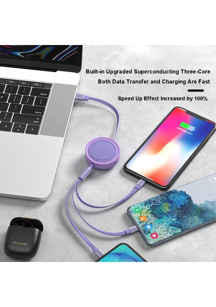 3'ü 1 Arada Tip-C / Lightning / Mikro USB Geri Çekilebilir Veri Kablosu 66W Hızlı Şarj Kablosu - Mor (Yurt Dışından)
