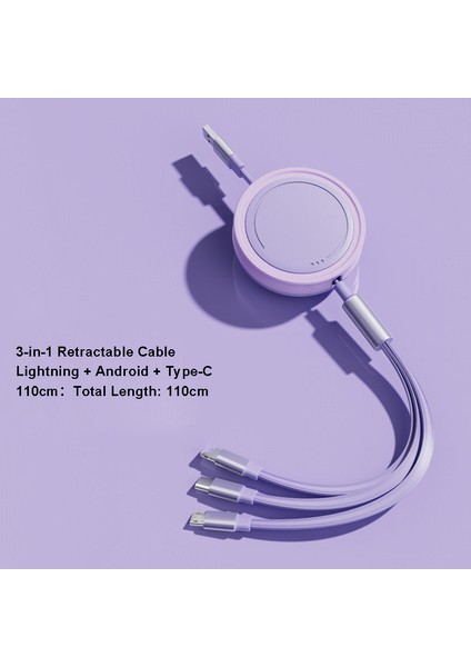 3'ü 1 Arada Tip-C / Lightning / Mikro USB Geri Çekilebilir Veri Kablosu 66W Hızlı Şarj Kablosu - Mor (Yurt Dışından)