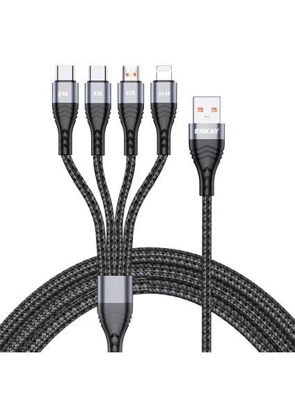 2m 6A 4'ü 1 Arada Usb'den 8pin'e / Tip-C / Mikro USB Hızlı Şarj Veri Kablosu Naylon Örgülü Kablo - Gri (Yurt Dışından)