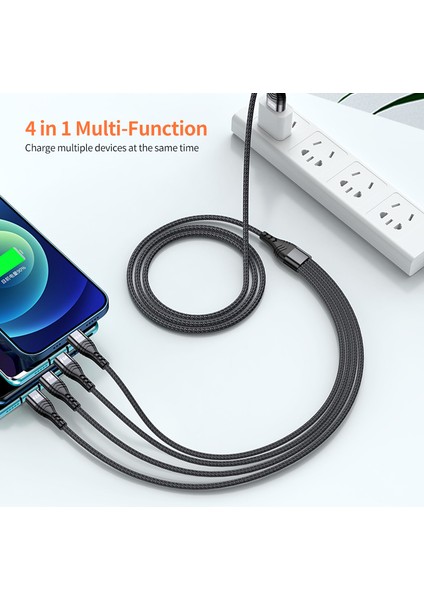 2m 6A 4'ü 1 Arada Usb'den 8pin'e / Tip-C / Mikro USB Hızlı Şarj Veri Kablosu Naylon Örgülü Kablo - Gri (Yurt Dışından)