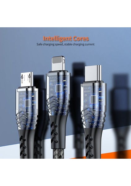 2m 6A 4'ü 1 Arada Usb'den 8pin'e / Tip-C / Mikro USB Hızlı Şarj Veri Kablosu Naylon Örgülü Kablo - Gri (Yurt Dışından)