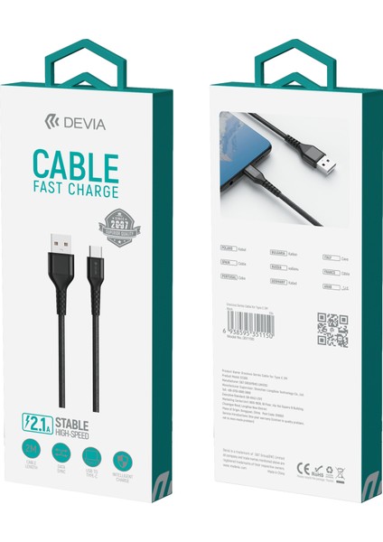 Devıa Gracious Serisi EC308 2m Veri Kablosu Usb-A - Type-C 2.1A Telefon Şarj Kablosu (Yurt Dışından)