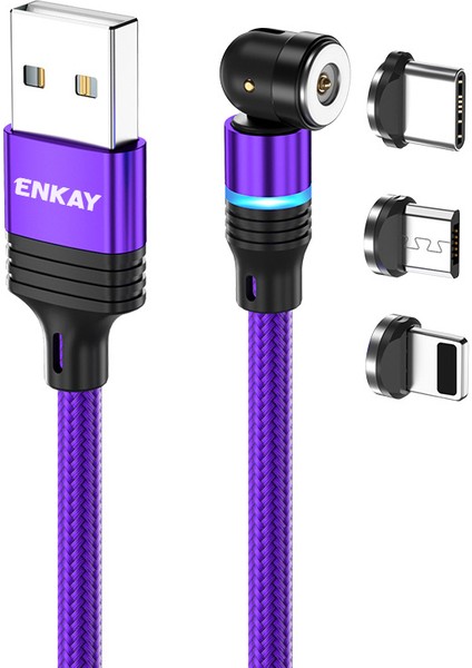 1m Manyetik Şarj Kablosu 2,4A Usb'den Ip'ye / Tip-C / Mikro USB LED Işıklı Naylon Örgülü Kablo - Mor (Yurt Dışından)