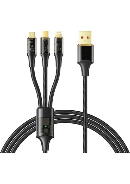 1,2 M 3'ü 1 Arada 100 W Şeffaf Hızlı Şarj Kablosu Lightning+Micro Usb+Type-C Veri Kablosu - Siyah (Yurt Dışından)