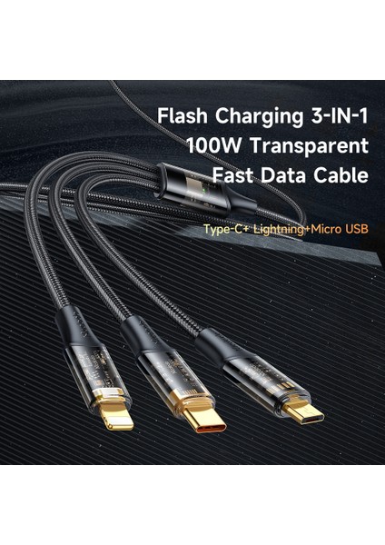 1,2 M 3'ü 1 Arada 100 W Şeffaf Hızlı Şarj Kablosu Lightning+Micro Usb+Type-C Veri Kablosu - Siyah (Yurt Dışından)