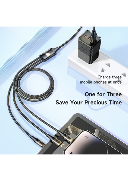 1,2 M 3'ü 1 Arada 100 W Şeffaf Hızlı Şarj Kablosu Lightning+Micro Usb+Type-C Veri Kablosu - Siyah (Yurt Dışından)