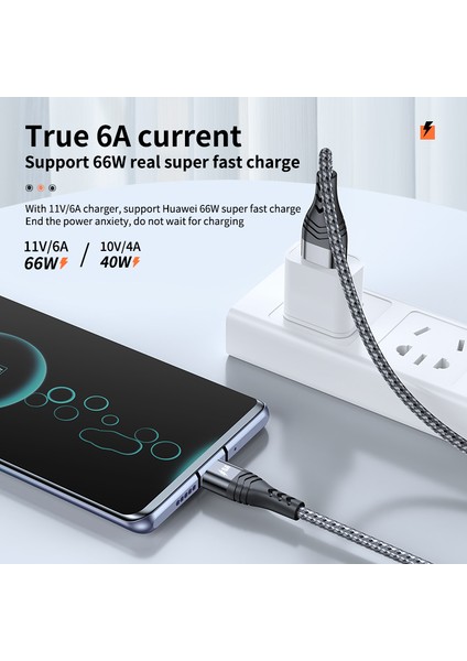Huawei Samsung Için 0.5m 6A 66W Hızlı Şarj Kablosu Örgülü USB - Tip-C Yüksek Hızlı Veri Kablosu - Siyah (Yurt Dışından)