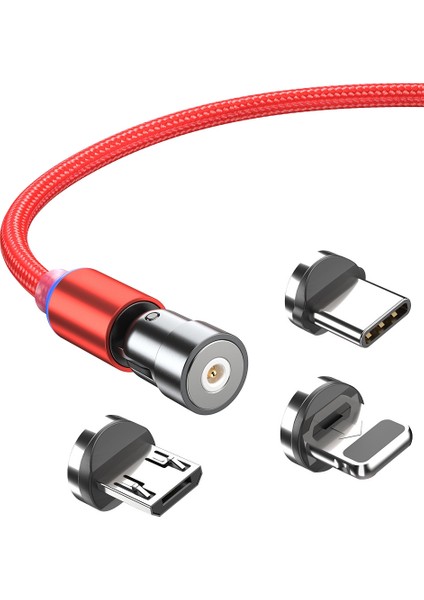 1m Manyetik 360/180 Derece Dönebilen Şarj Kablosu Lightning, Mikro Usb, C Tipi Cihazlarla Uyumlu Hızlı Şarj Kablosu - Kırmızı (Yurt Dışından)