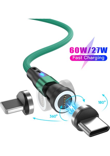 2m 540 Derece Dönen Manyetik Şarj Kablosu 2'si 1 Arada Pd 60W Type-C - 8-Pin + Type-C Veri Kablosu, LED Işıklı - Yeşil (Yurt Dışından) fiyatları