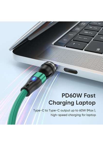2m 540 Derece Dönen Manyetik Şarj Kablosu 2'si 1 Arada Pd 60W Type-C - 8-Pin + Type-C Veri Kablosu, LED Işıklı - Yeşil (Yurt Dışından) modelleri