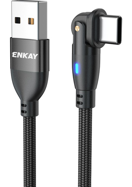 1m Usb'den Type-C'ye 180 Derece Döndürmeli 3A LED Göstergeli Hızlı Şarj Veri Kablosu - Siyah (Yurt Dışından)