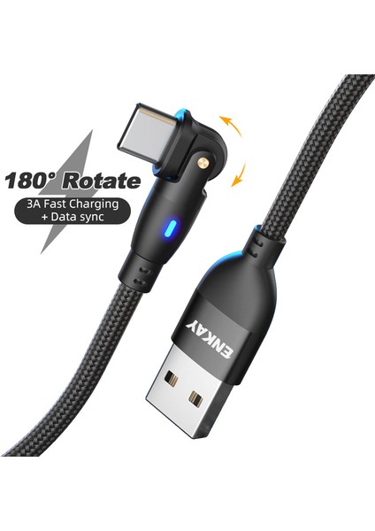 1m Usb'den Type-C'ye 180 Derece Döndürmeli 3A LED Göstergeli Hızlı Şarj Veri Kablosu - Siyah (Yurt Dışından) fiyatları