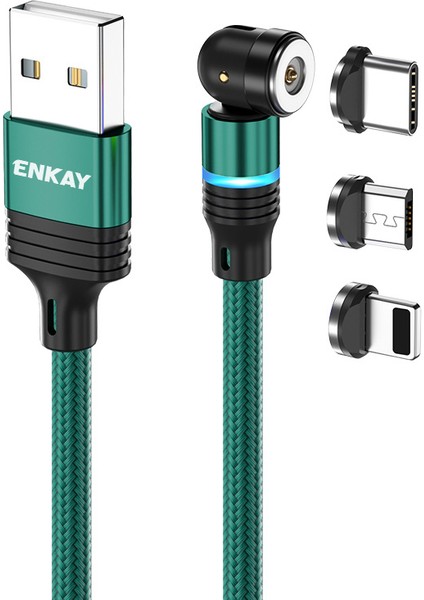 1m Manyetik Şarj Kablosu 2,4A Usb'den Ip'ye / Tip-C / Mikro USB Naylon Örgülü Kablo, LED Işıklı - Yeşil (Yurt Dışından)