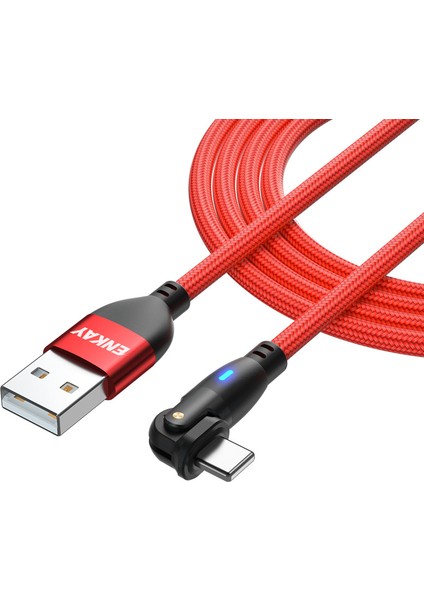 2m 2.1A Şarj Kablosu Usb'den Yıldırıma 180 Derece Döndürülmüş Veri Kablosu, LED Göstergeli - Kırmızı (Yurt Dışından)