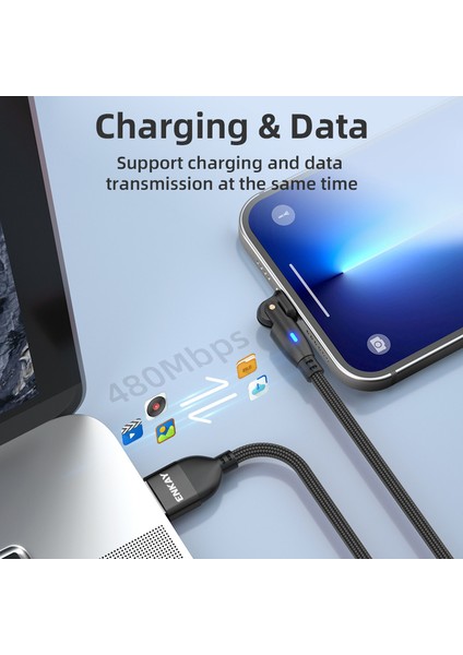 2m 2.1A Şarj Kablosu Usb'den Yıldırıma 180 Derece Döndürülmüş Veri Kablosu, LED Göstergeli - Kırmızı (Yurt Dışından) fiyatları