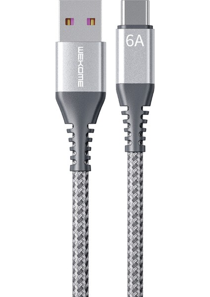 Raython Serisi 1m 6A Süper Şarj Veri Kablosu Usb'den Type-C'ye 480MBPS Veri Iletim Kablosu - Gümüş (Yurt Dışından)